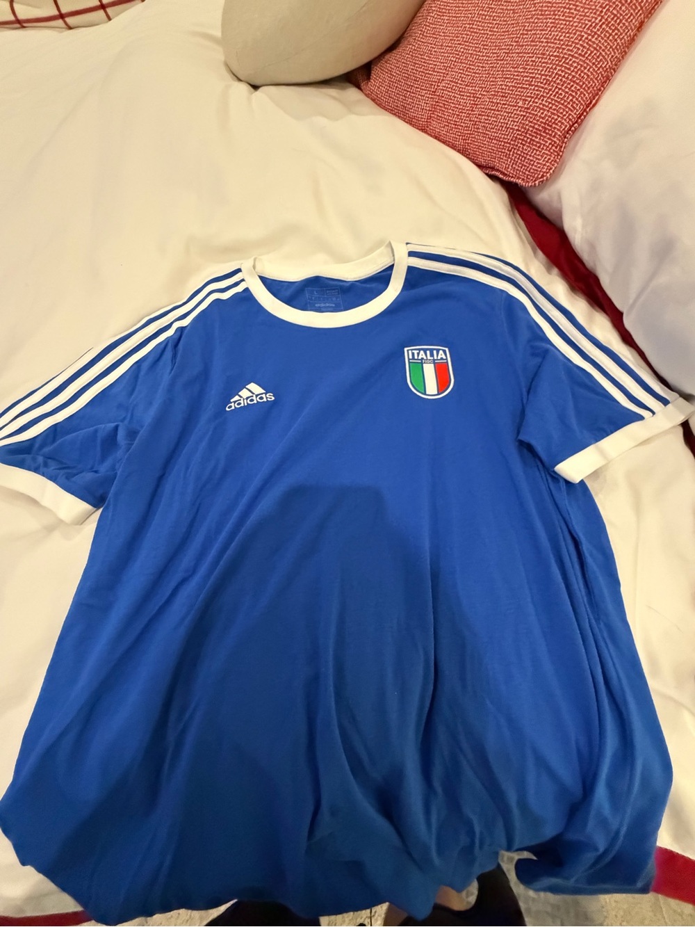 adidas Italy FIGC Soccer Supporter Shirt Blue White 3 Stripes - Size L